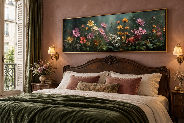 Wide horizontal wildflower meadow canvas print with a green background above a wooden bed frame.