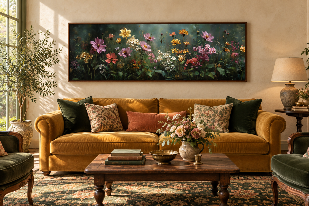 Wide horizontal canvas print of a wildflower meadow with pink and yellow blooms on a green backdrop.
