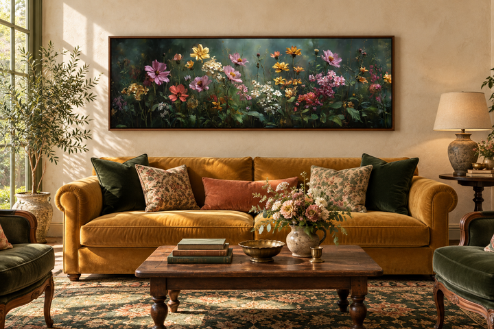 Wide horizontal canvas print of a wildflower meadow with pink and yellow blooms on a green backdrop.