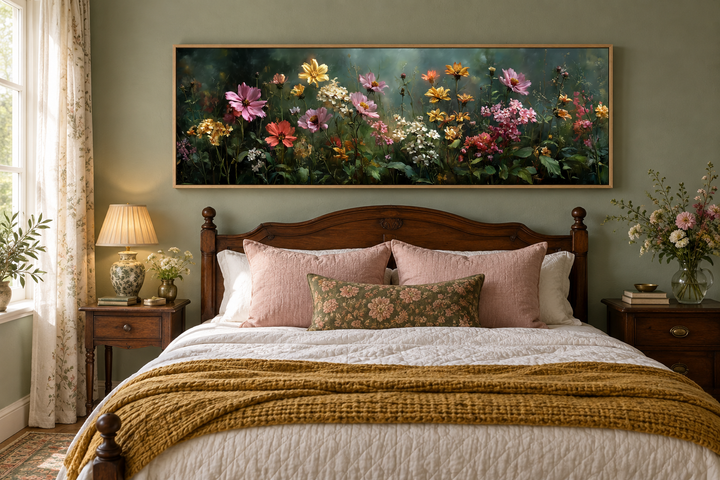 Wide horizontal canvas print of a wildflower meadow with a green background above a wooden bed.