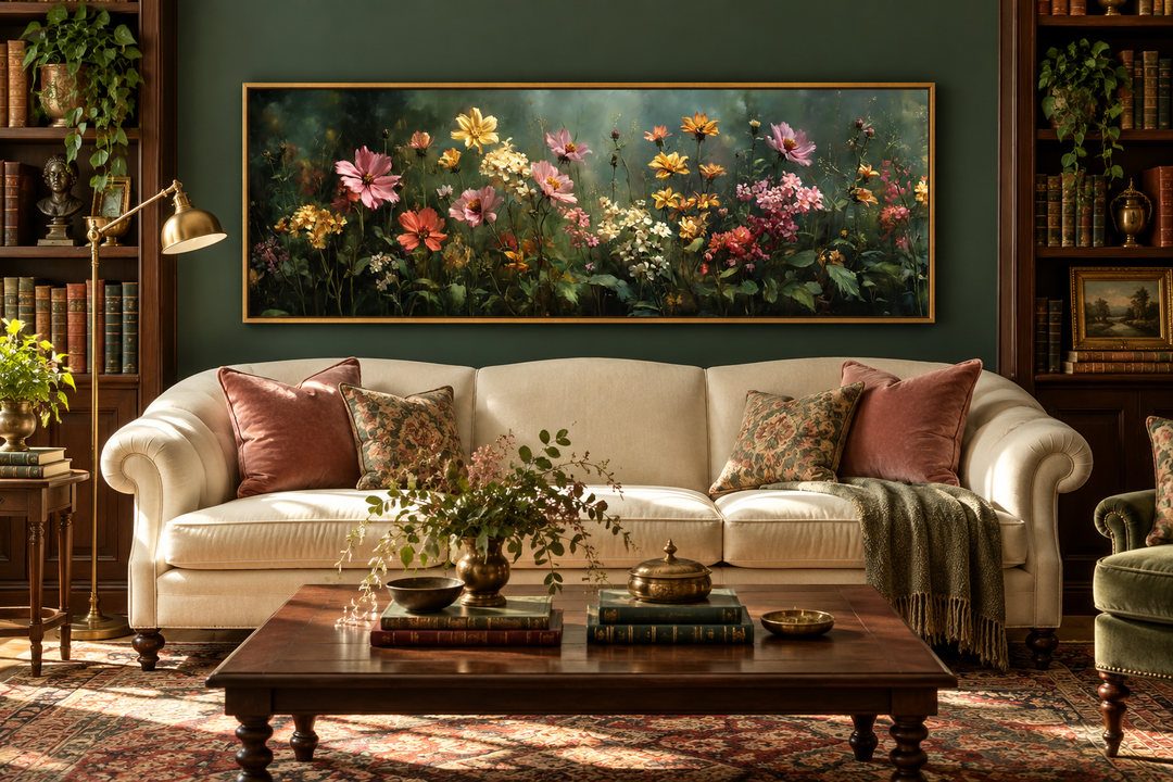 Wide horizontal canvas of a wildflower meadow with pink and yellow blooms on a deep green background.