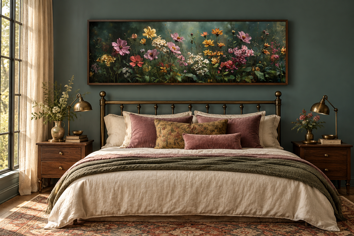 Wide horizontal wildflower canvas art with a deep green background above a brass bed frame.