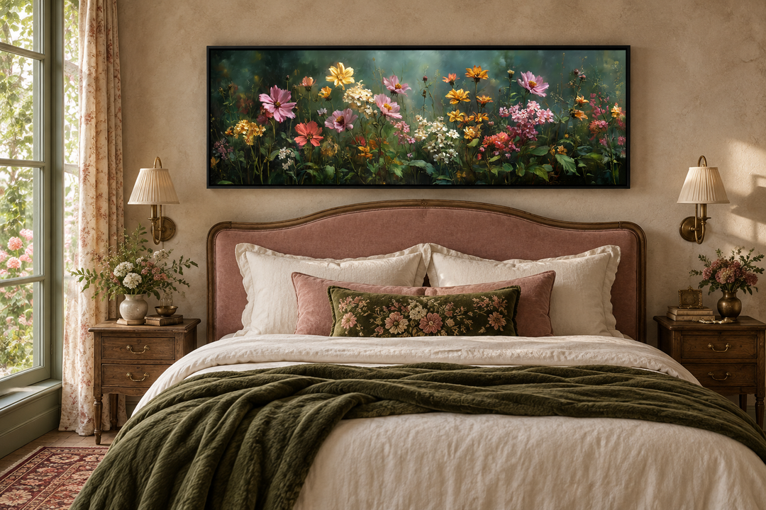 Wide horizontal canvas of a wildflower meadow with pink and yellow blooms on a green background.