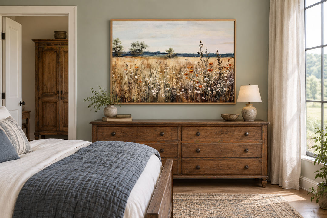 Wildflowers Field Vintage Farmhouse Framed Canvas Wall Art above a wooden dresser in a bedroom.