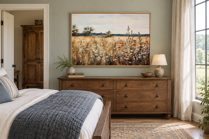 Wildflowers Field Vintage Farmhouse Framed Canvas Wall Art above a wooden dresser in a bedroom.