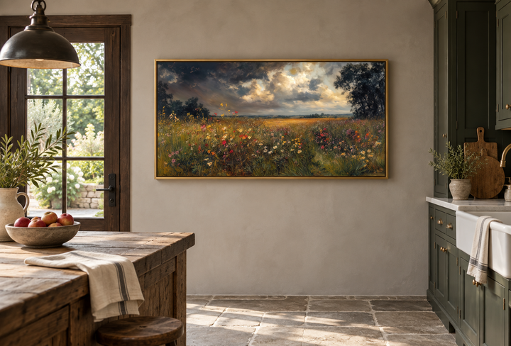 Antique style moody wildflowers field framed canvas wall art in a rustic kitchen setting.