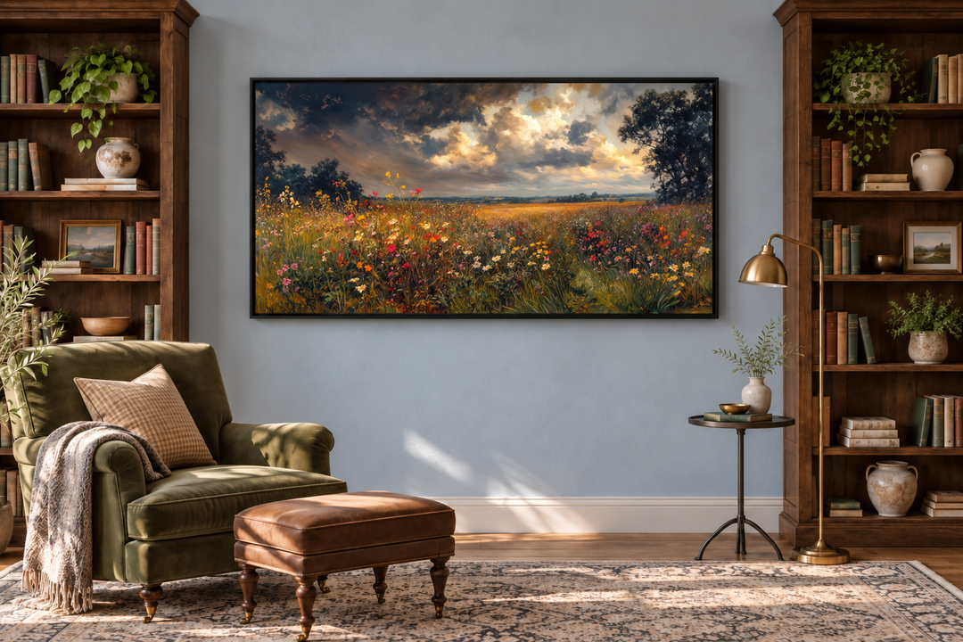Antique style moody wildflowers field framed canvas wall art in a cozy library setting.