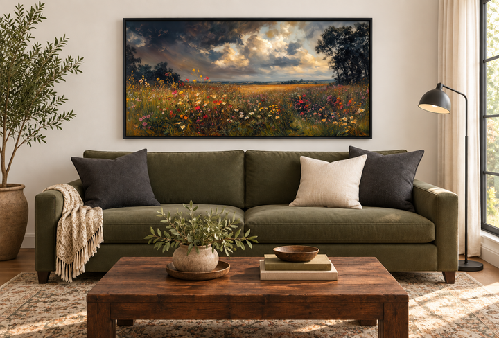 Antique style moody wildflowers field framed canvas wall art above a green sofa in a living room.