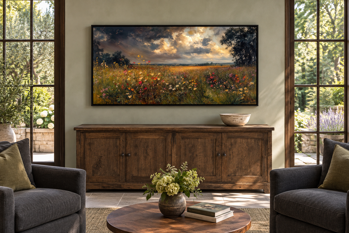 Antique style moody wildflowers field framed canvas wall art hanging above a wooden sideboard.