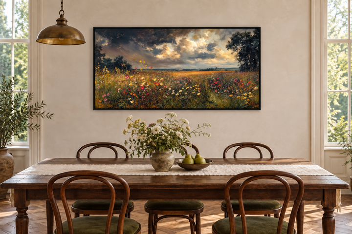 Antique style moody wildflowers field framed canvas wall art hanging above a wooden dining table.