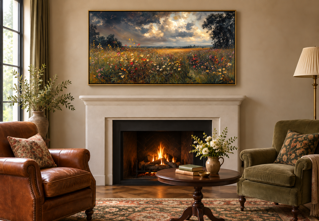 Antique style moody wildflowers field framed canvas wall art hanging above a fireplace in a room.
