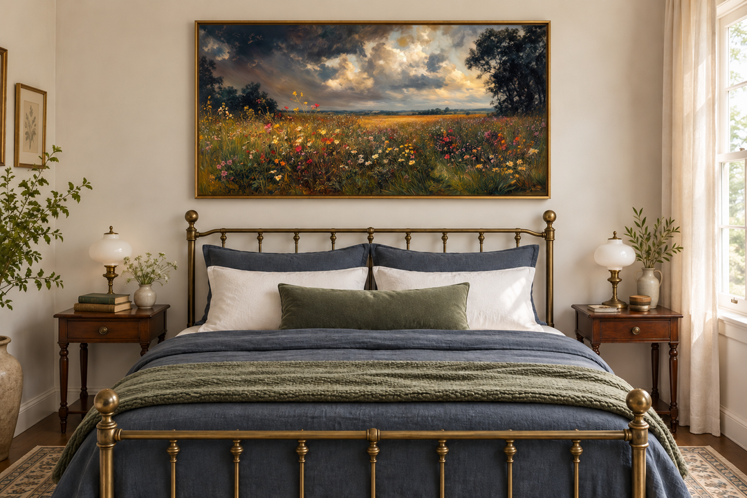 Antique style moody wildflowers field framed canvas wall art hanging above a brass bed frame.