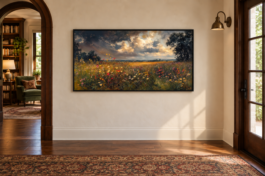 Antique style moody wildflowers field framed canvas wall art hanging in a warm, rustic hallway.
