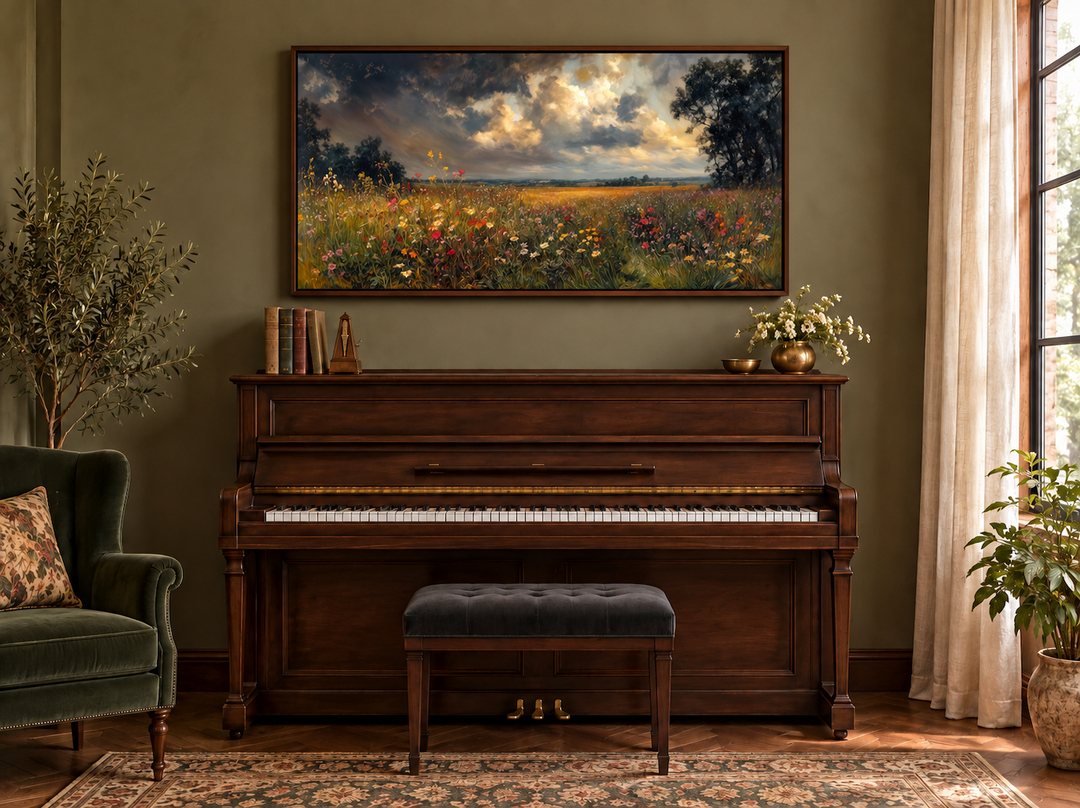 Antique style moody wildflowers field framed canvas wall art hanging above a vintage piano.