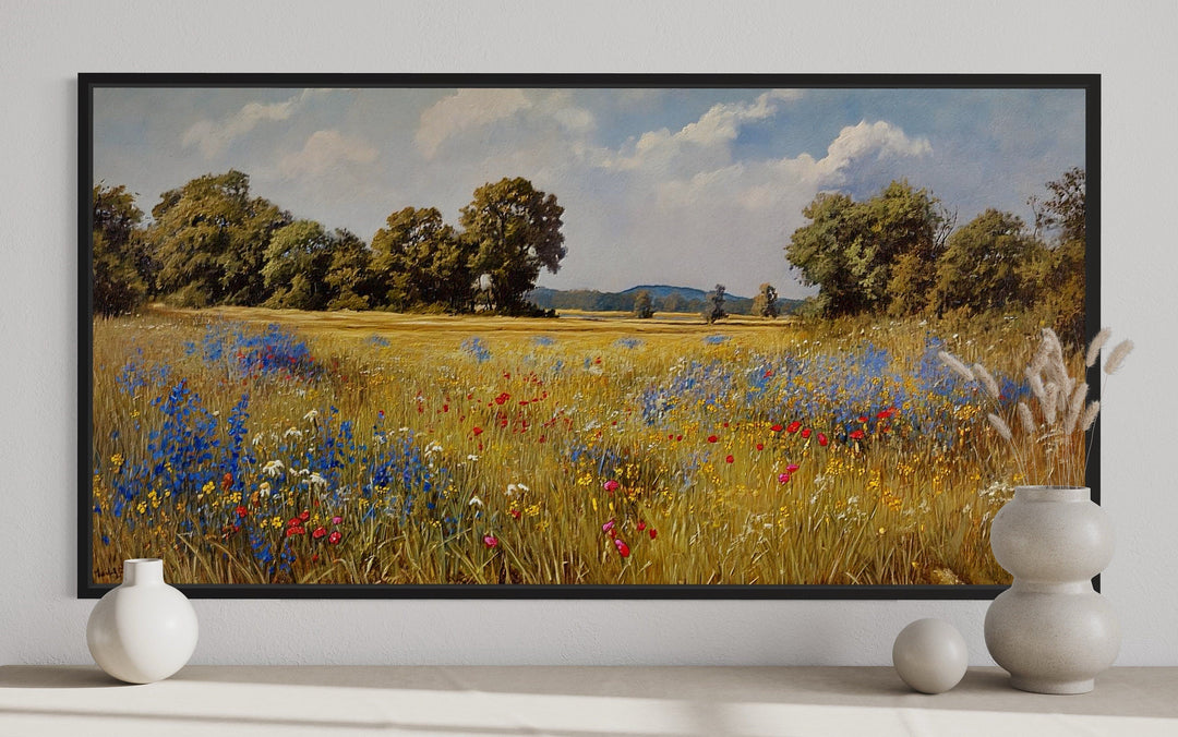 Wildflowers Canvas Wall Art – Vintage Landscape Print | Framed Floral Painting