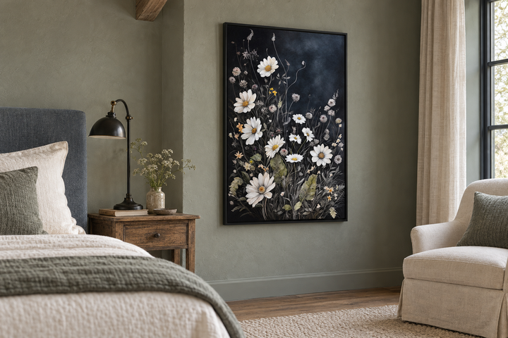 Black and white framed canvas wall art featuring chamomile wildflowers in a cozy bedroom setting.