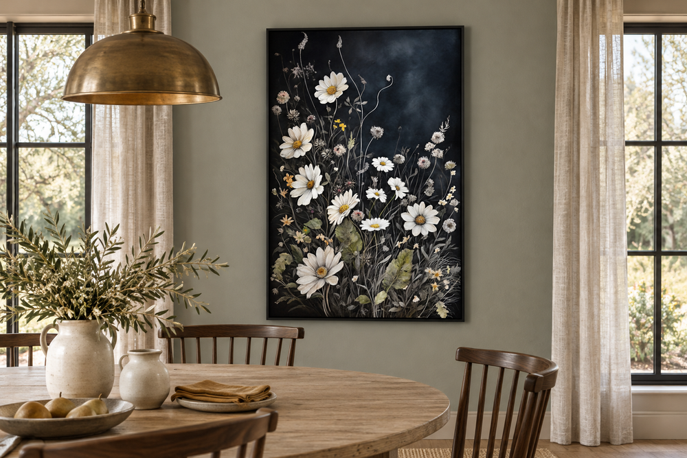 Black and white framed canvas wall art of wildflowers and chamomiles in a dining room setting.