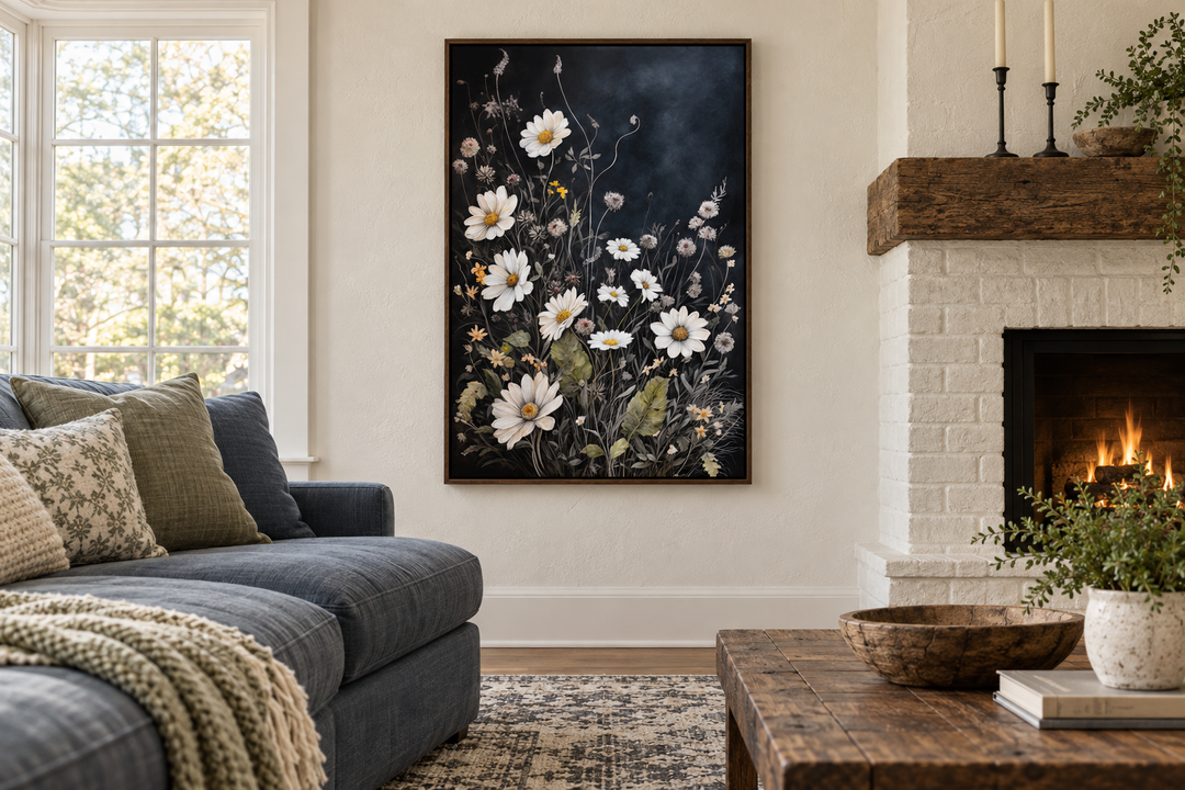 Black and white chamomile wildflowers framed canvas wall art in a cozy living room setting.