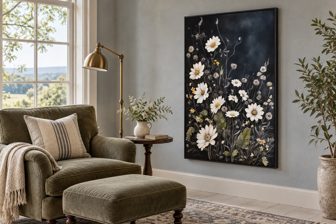 Black and white wildflowers chamomile framed canvas wall art in a cozy reading nook.