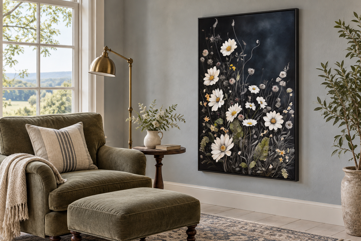 Black and white wildflowers chamomile framed canvas wall art in a cozy reading nook.