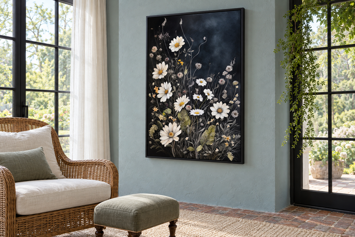 Black and white chamomile wildflowers framed canvas wall art in a sunlit living room.