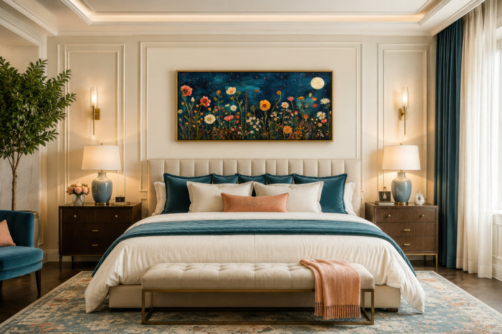 Large horizontal wall art of a wildflower field at night under a moon above a bed in a bedroom.