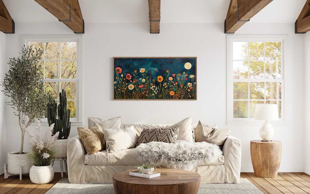 Wildflowers Field At Night Under Moon Large Horizontal Wall Art in living room