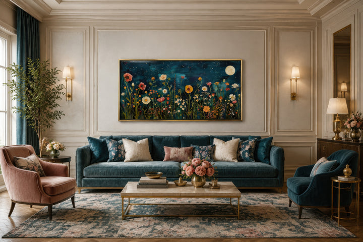 Large horizontal wall art of a wildflower field at night under a full moon above a blue sofa.