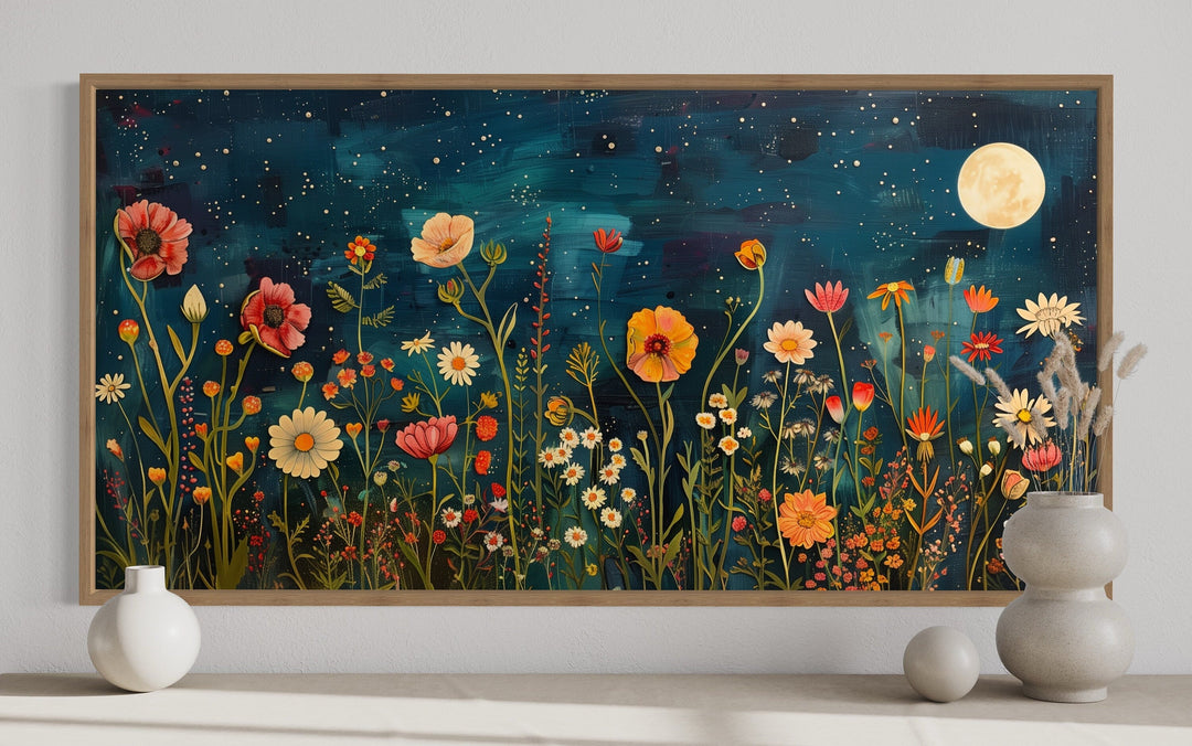 Wildflowers Field At Night Under Moon Large Horizontal Wall Art