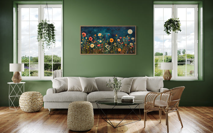 Wildflowers Field At Night Under Moon Large Horizontal Wall Art