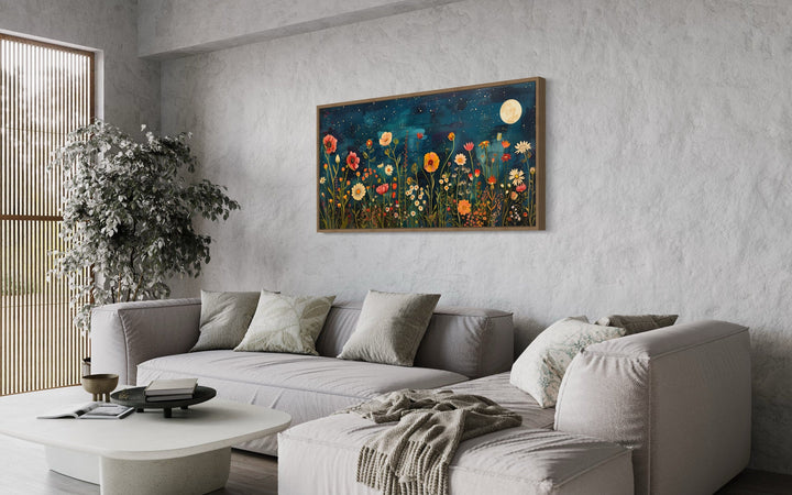 Wildflowers Field At Night Under Moon Large Horizontal Wall Art