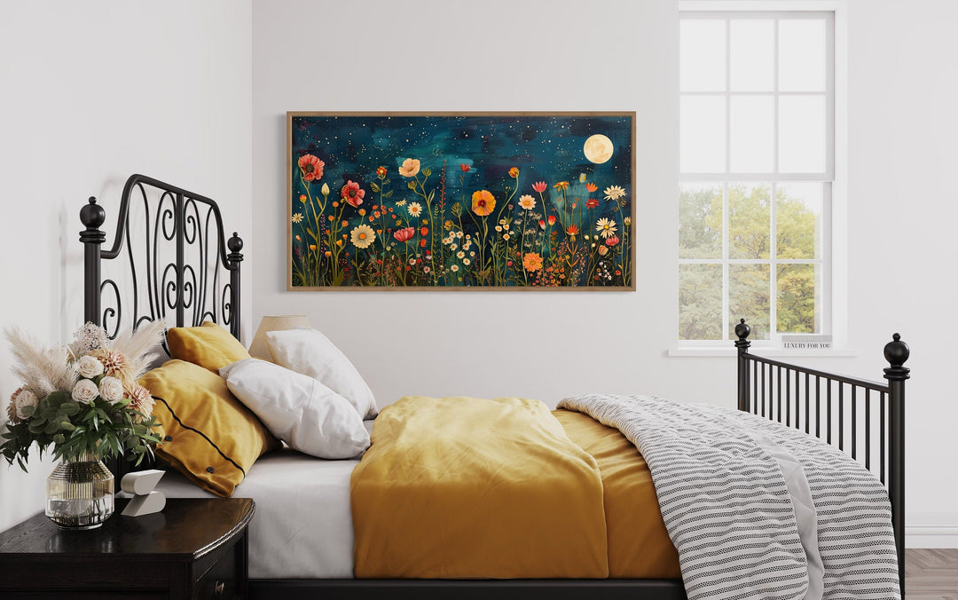 Wildflowers Field At Night Under Moon Large Horizontal Wall Art