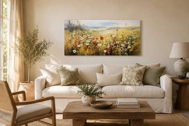 Panoramic farmhouse canvas wall art featuring a vibrant wildflower field above a white sofa.