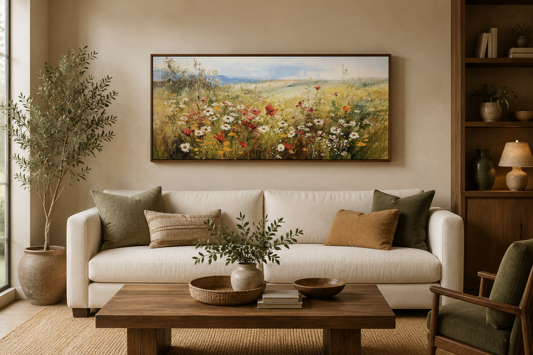Panoramic farmhouse canvas wall art of a wildflower field hanging above a white sofa.