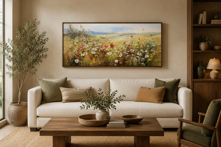 Panoramic farmhouse canvas wall art of a wildflower field hanging above a white sofa.
