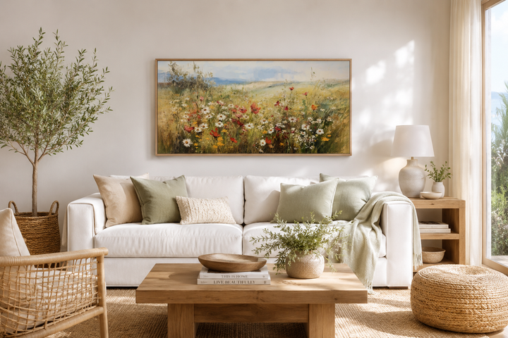 Panoramic farmhouse canvas wall art featuring a vibrant wildflower field above a white sofa.