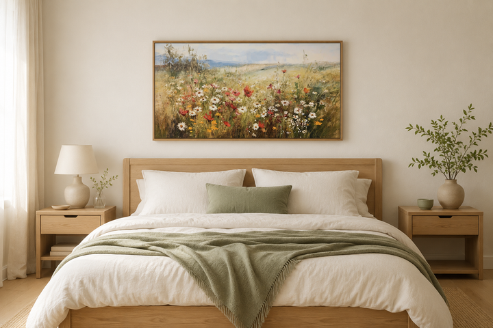 Wildflowers field farmhouse canvas wall art in a wooden frame hanging above a bed.
