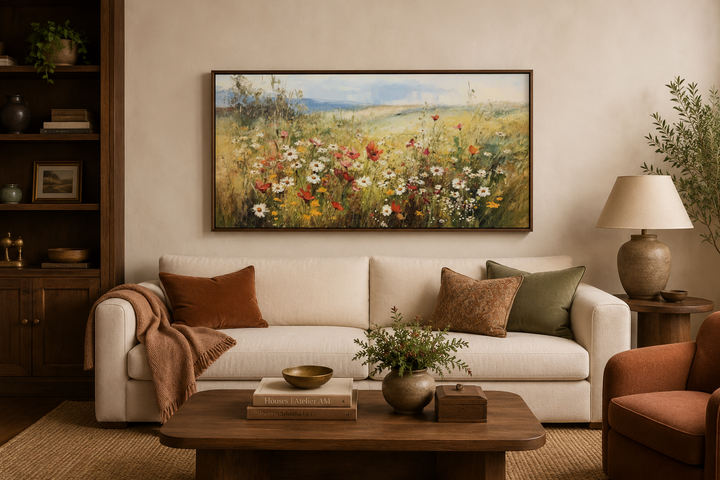 Panoramic wildflowers field canvas wall art in a brown frame hanging above a cream sofa.