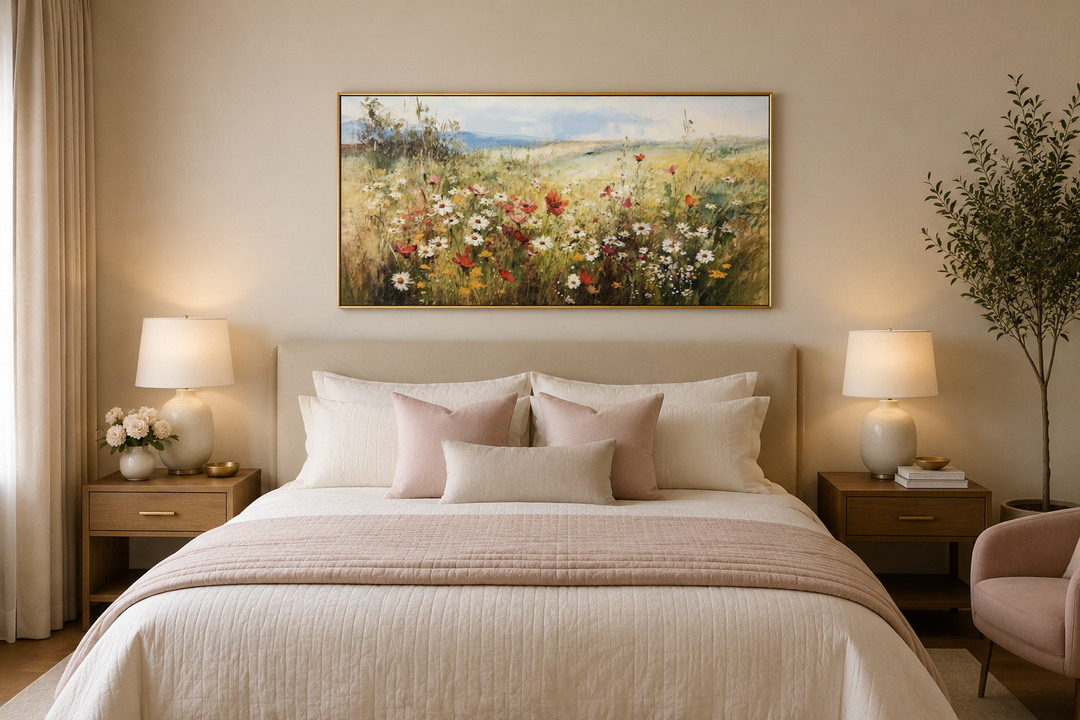 Panoramic farmhouse canvas wall art featuring a field of wildflowers above a bed in a cozy room.