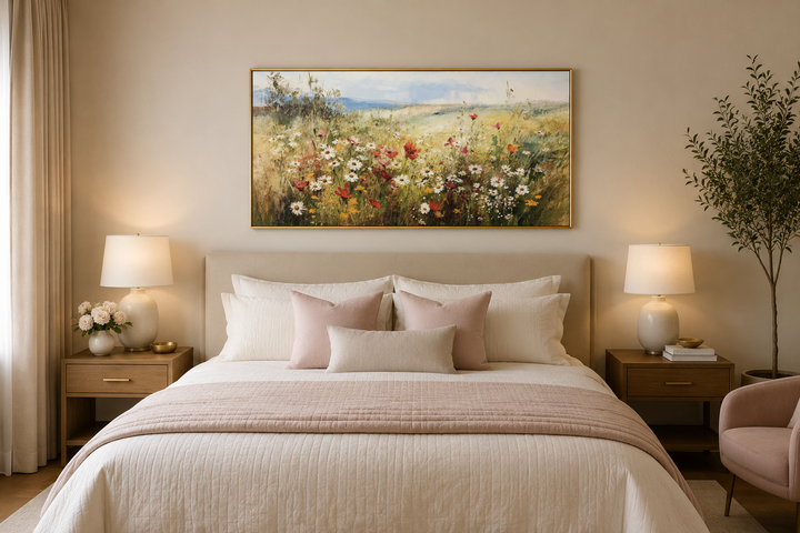Panoramic farmhouse canvas wall art featuring a field of wildflowers above a bed in a cozy room.