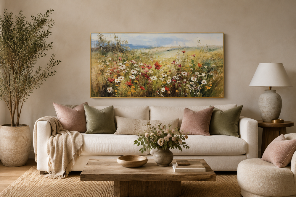 Panoramic farmhouse canvas wall art featuring a vibrant field of wildflowers above a white sofa.