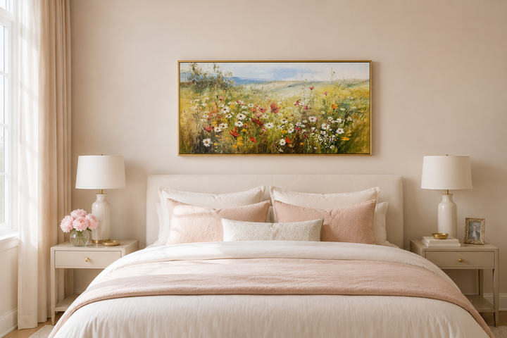 Panoramic farmhouse canvas wall art featuring a vibrant wildflower field above a neutral bed.
