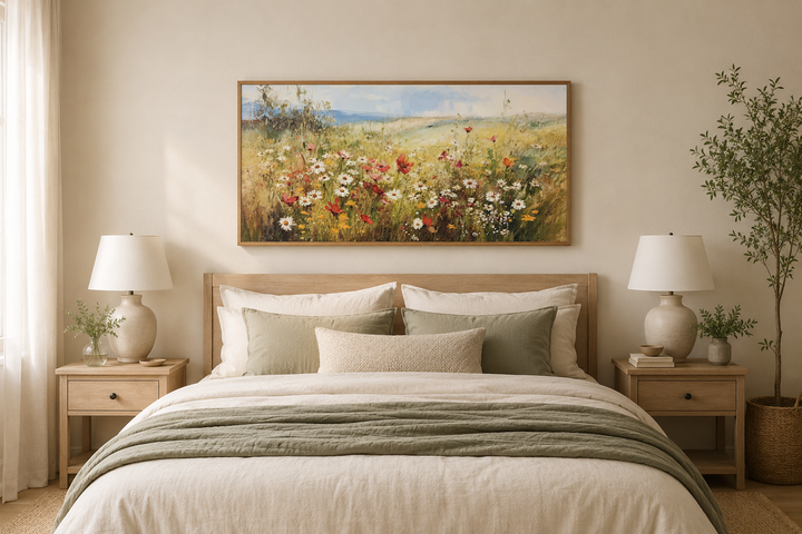 Panoramic farmhouse canvas wall art featuring a vibrant wildflower field above a wooden bed frame.