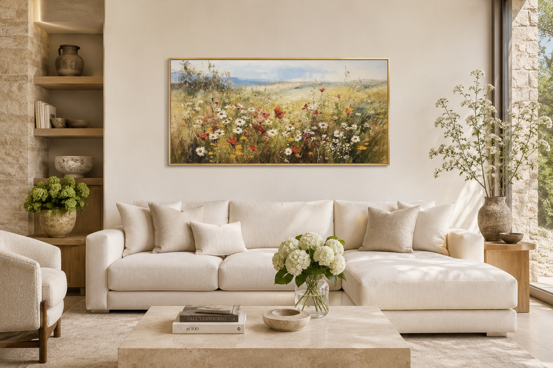 Panoramic farmhouse canvas wall art featuring a vibrant field of wildflowers above a white sofa.