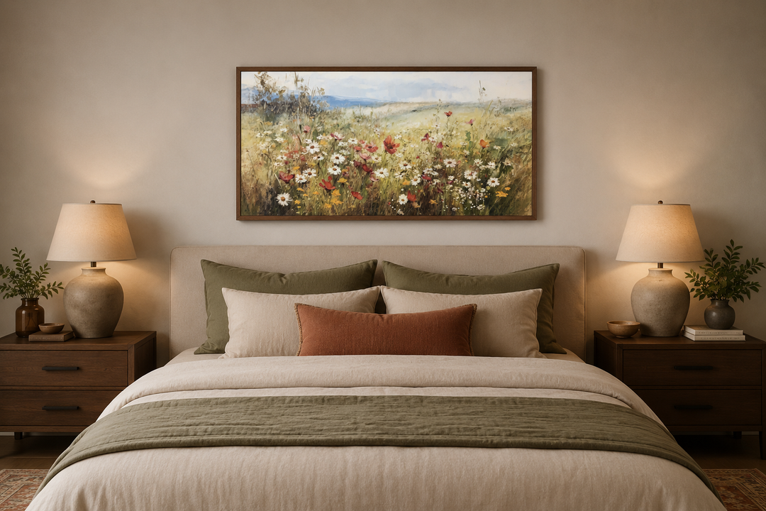 Panoramic farmhouse canvas wall art of a wildflower field hanging above a bed in a neutral bedroom.