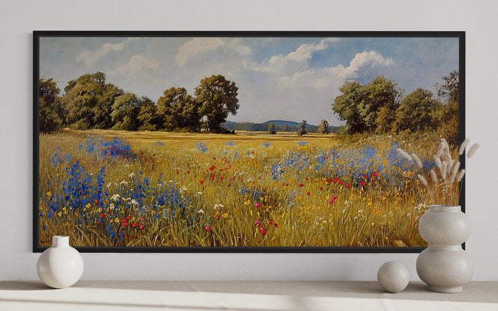 Wildflowers Field Landscape Vintage Painting Framed Canvas Wall Art