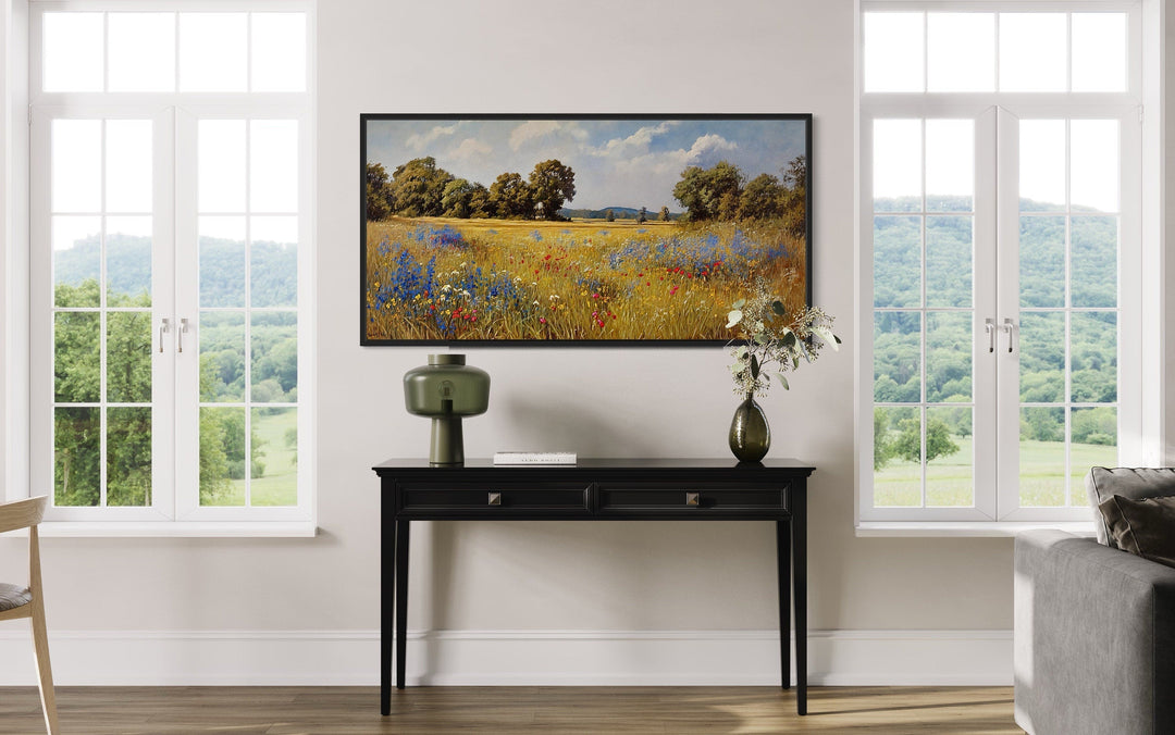 Wildflowers Field Landscape Vintage Painting Framed Canvas Wall Art