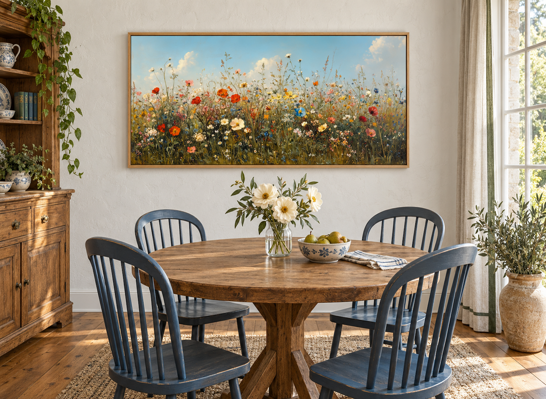 Large framed canvas art of a colorful wildflower field above a rustic wooden dining table.
