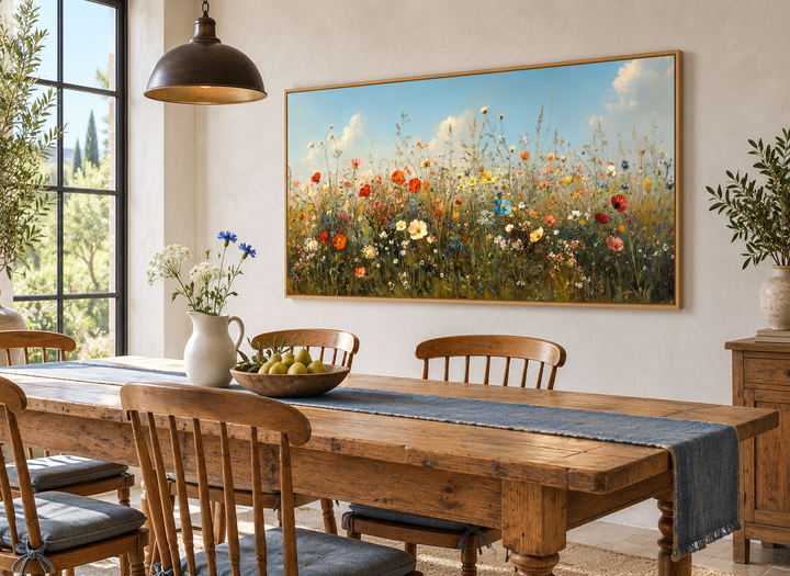 Large framed canvas art of a wildflower field in a rustic farmhouse dining room.