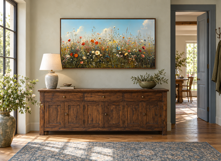 Large framed canvas art of a vibrant wildflower field above a rustic wooden sideboard.